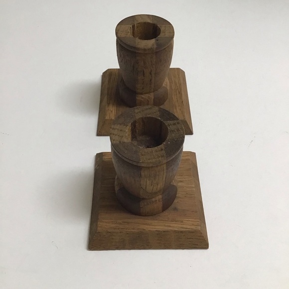 Vintage Folk Art Rustic Pair Small Solid Wood Candlestick Holders 3” Primitive - Picture 2 of 16